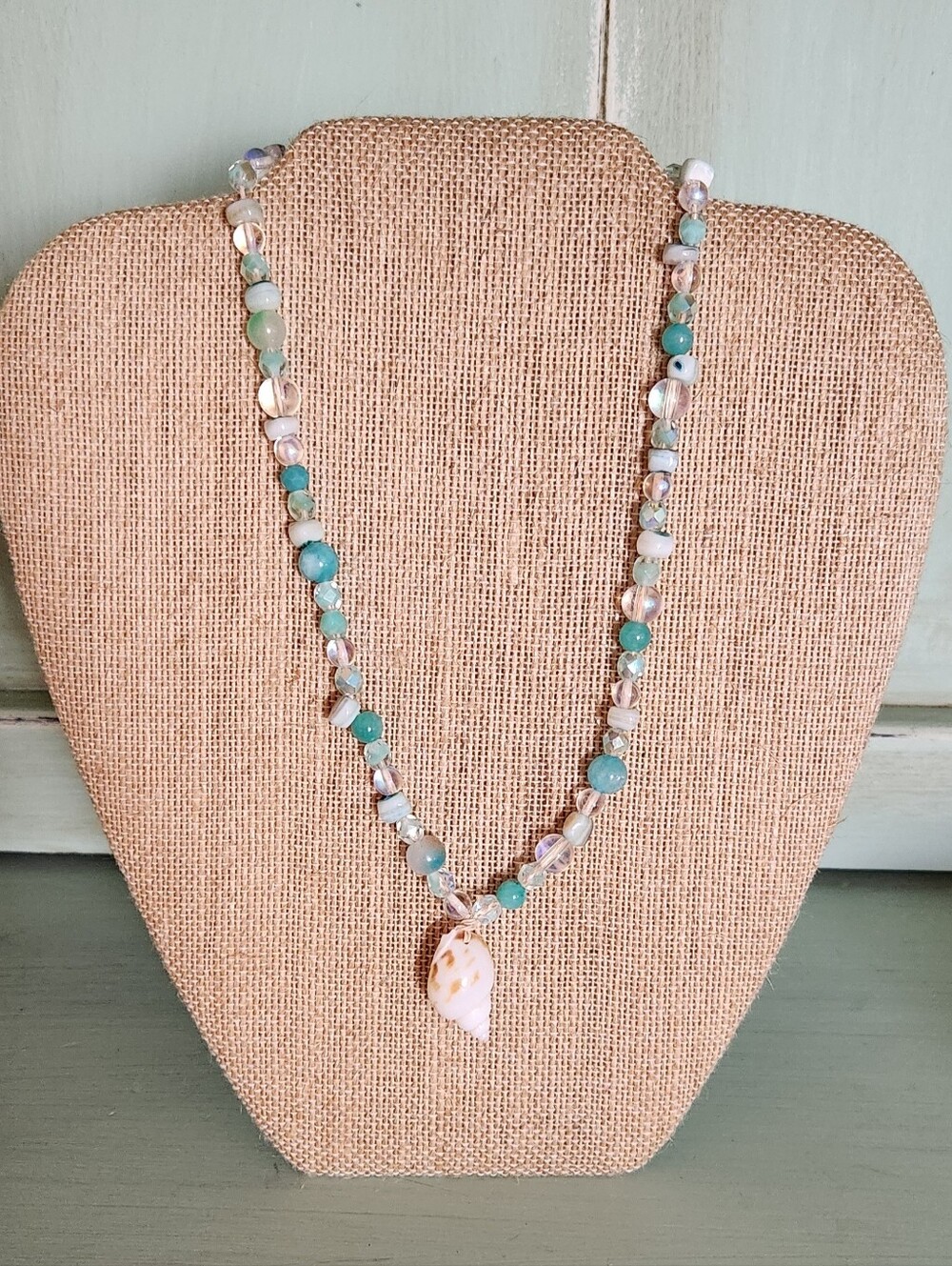Aqua Glass Beaded Shell Pendant Necklace
